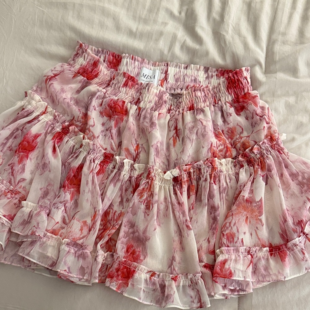 Misa Los Angeles Red and Pink Floral Mini Skirt
